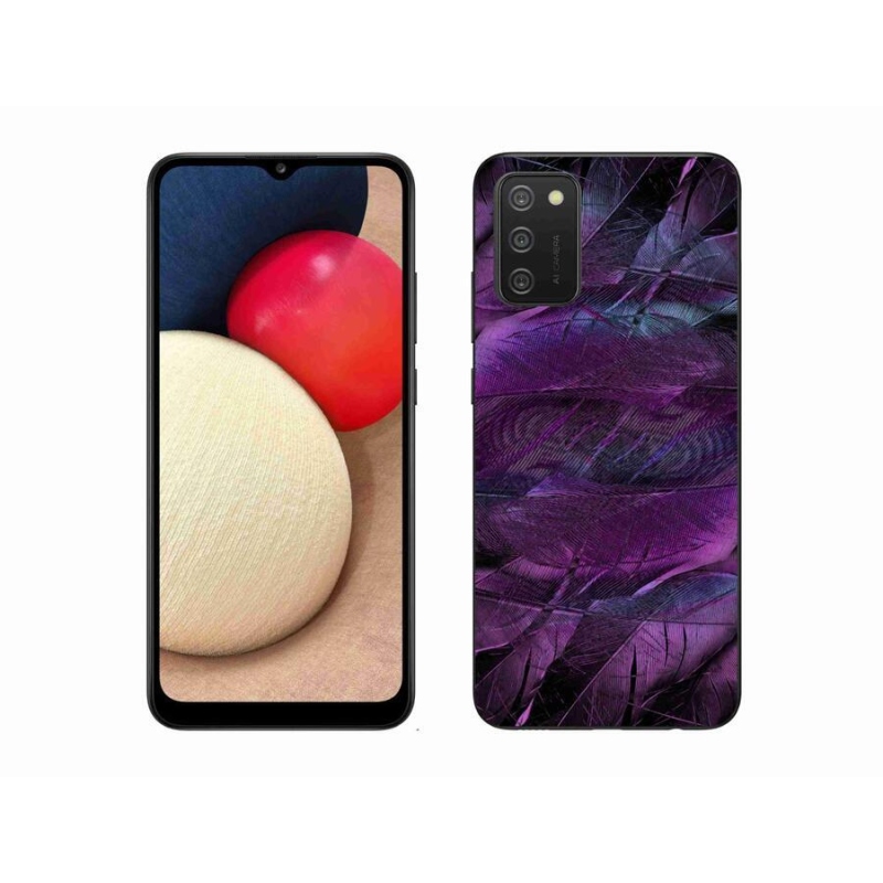 Gelový kryt mmCase na mobil Samsung Galaxy A02s (164.2x75.9x9.1mm) - fialová pírka