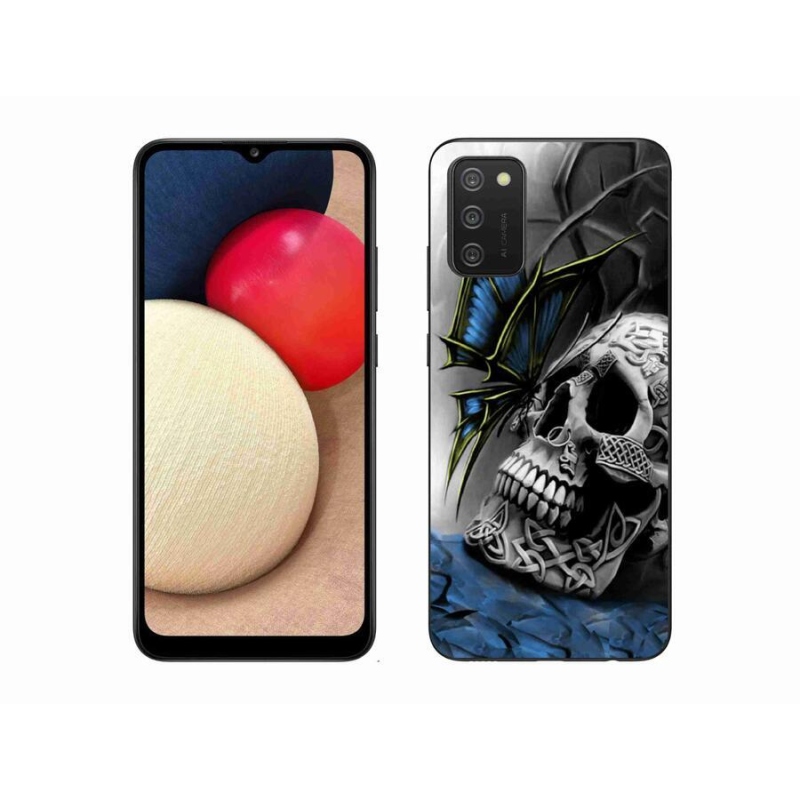 Gelový kryt mmCase na mobil Samsung Galaxy A02s (164.2x75.9x9.1mm) - motýl a lebka