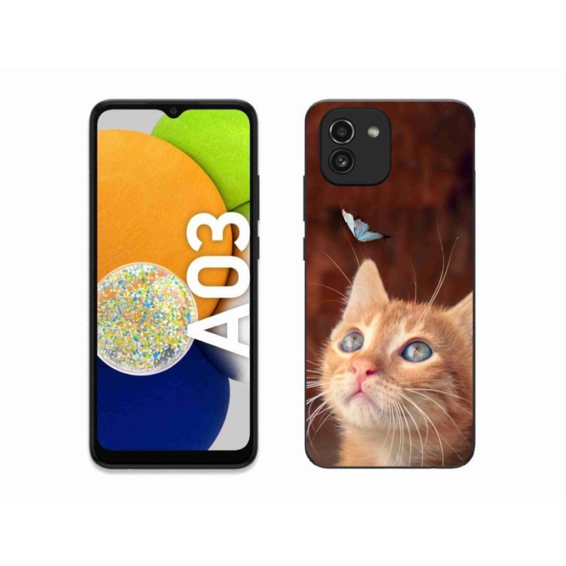 Gelový kryt mmCase na mobil Samsung Galaxy A03 - motýl a kotě