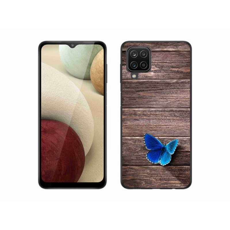 Gelový kryt mmCase na mobil Samsung Galaxy A12 - modrý motýl 1