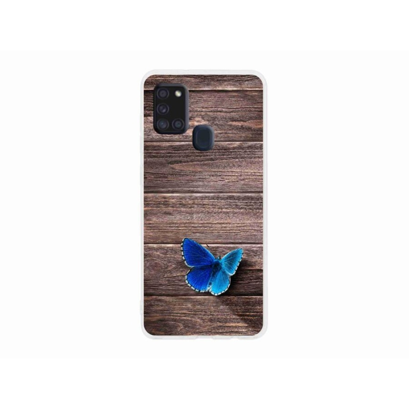 Gelový kryt mmCase na mobil Samsung Galaxy A21s - modrý motýl 1