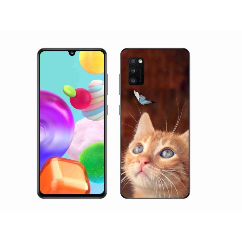 Gelový kryt mmCase na mobil Samsung Galaxy A41 - motýl a kotě