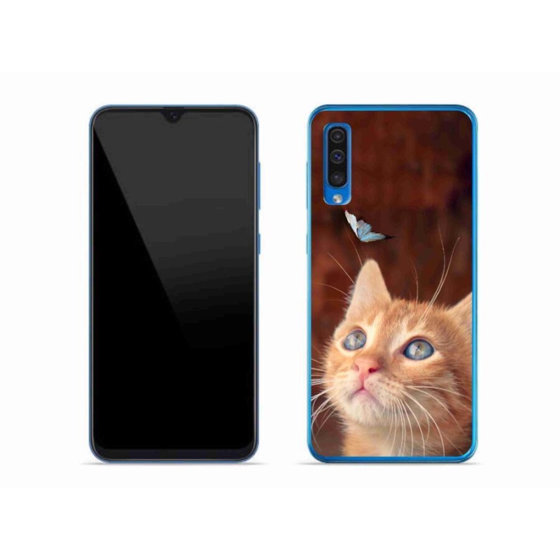 Gelový kryt mmCase na mobil Samsung Galaxy A50 - motýl a kotě