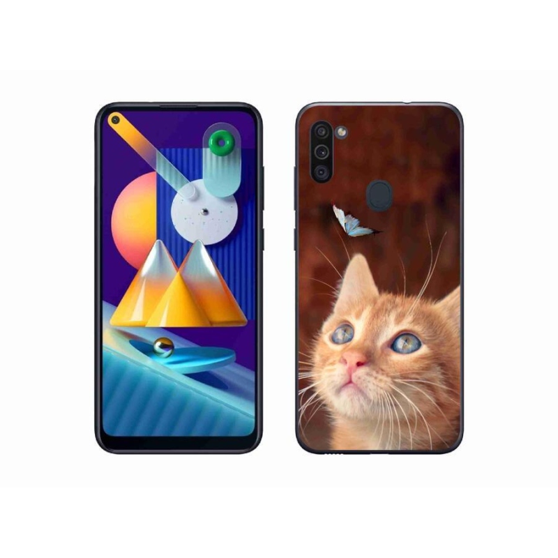 Gelový kryt mmCase na mobil Samsung Galaxy M11 - motýl a kotě