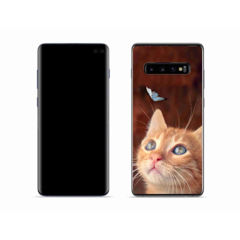 Gelový kryt mmCase na mobil Samsung Galaxy S10 - motýl a kotě