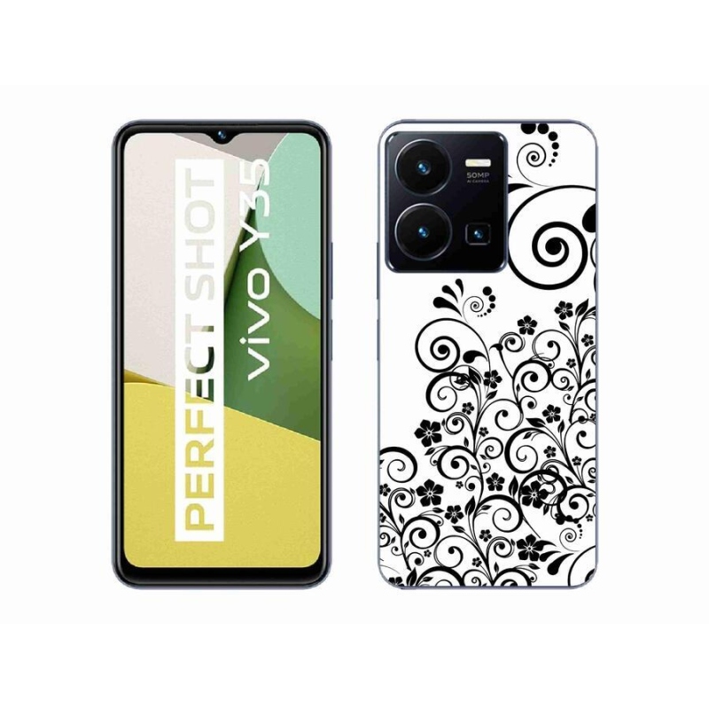 Gelový kryt mmCase na mobil Vivo Y35 - černobílé květinové vzory