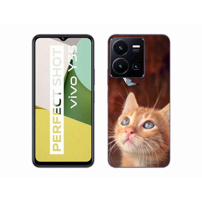 Gelový kryt mmCase na mobil Vivo Y35 - motýl a kotě