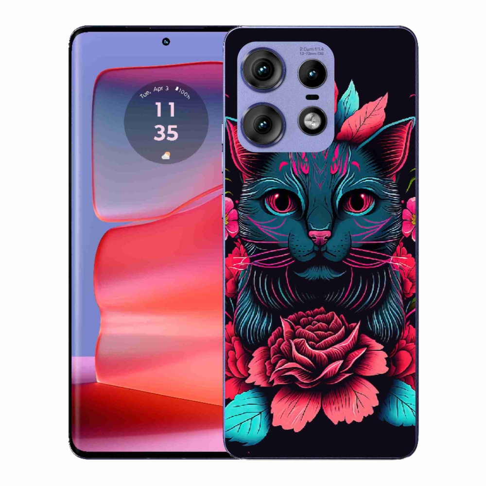 Gelový kryt mmCase na Motorola Edge 50 Pro - květiny a kočka