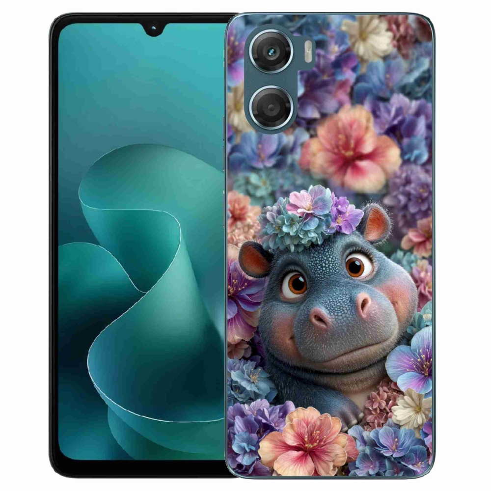 Gelový kryt mmCase na Motorola G06/G06 Power - hrošík v květinách