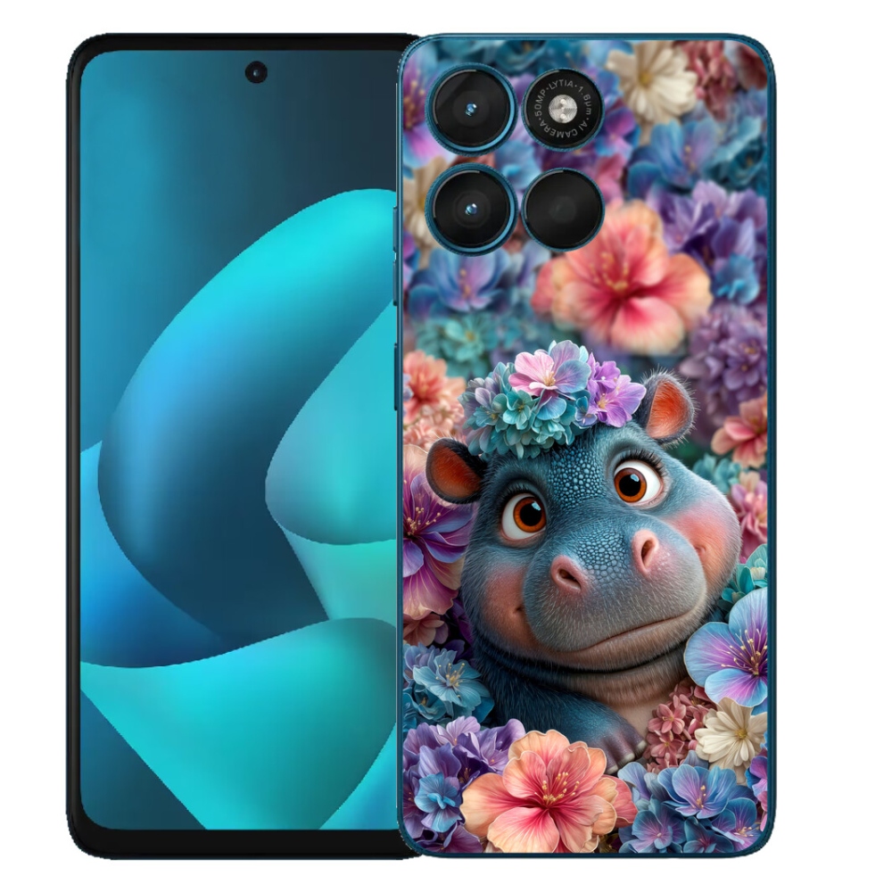 Gelový kryt mmCase na Motorola Moto G57 Power - hrošík v květinách
