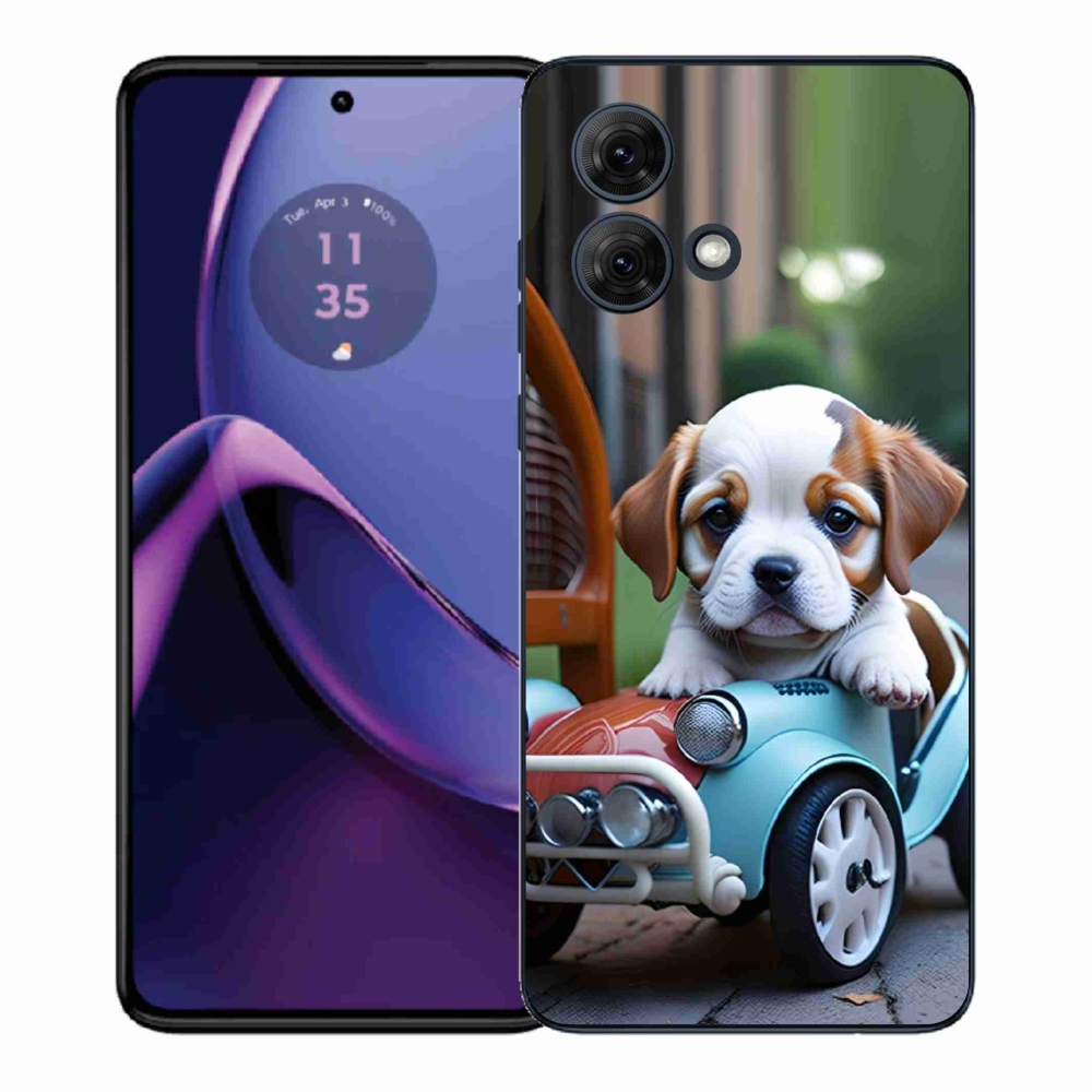 Gelový kryt mmCase na Motorola Moto G84 5G - štěně v retro autě