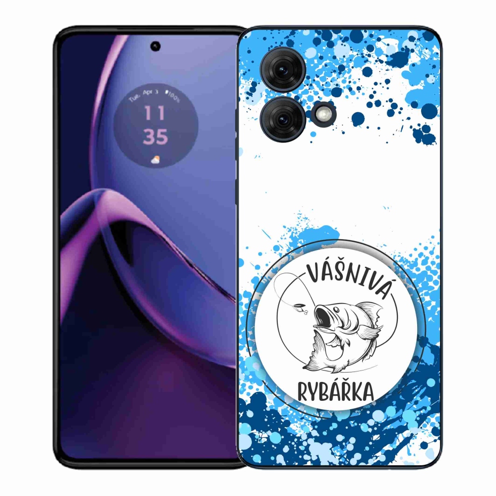 Gelový kryt mmCase na Motorola Moto G84 5G - vášnivá rybářka bílé pozadí