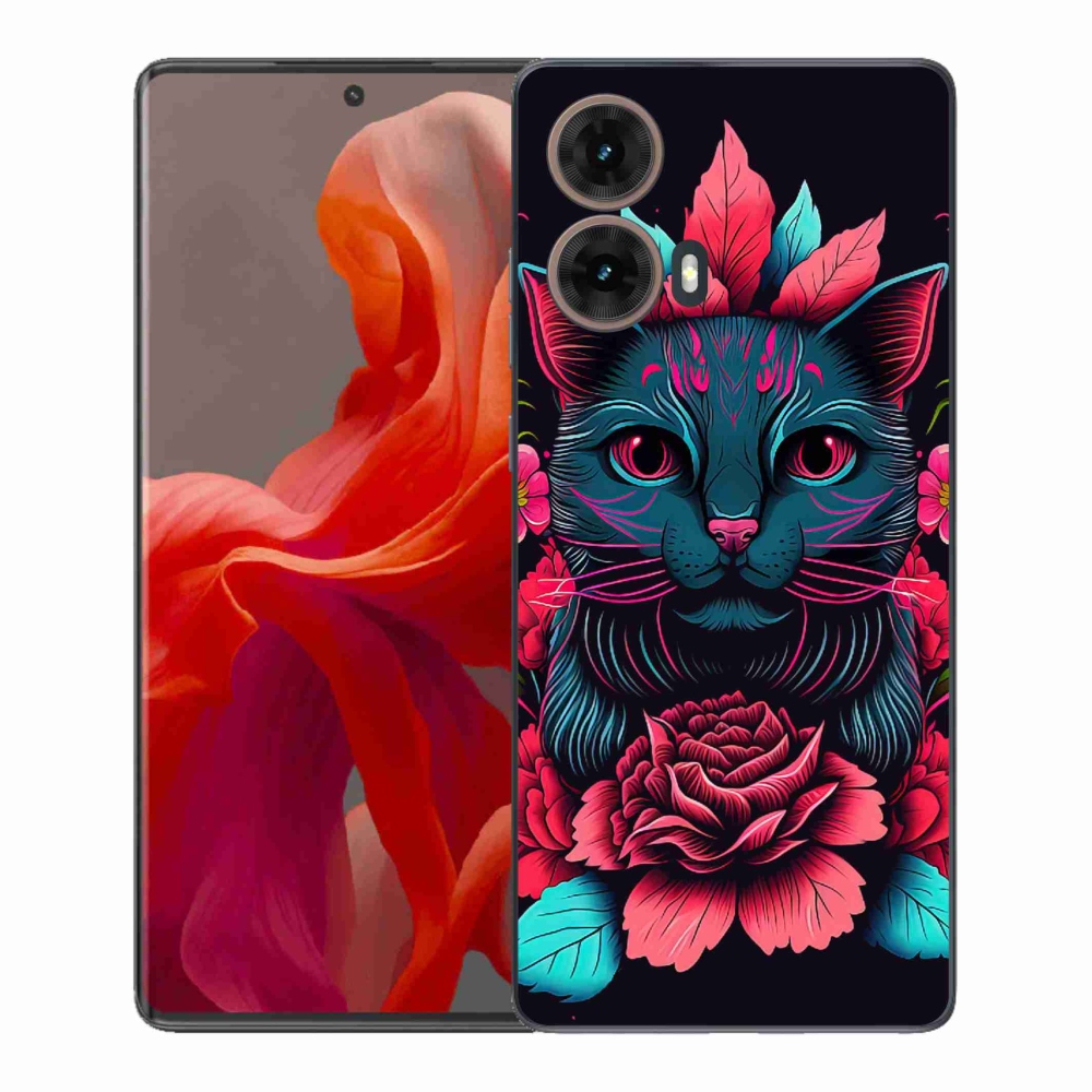 Gelový kryt mmCase na Motorola Moto G85 5G - květiny a kočka