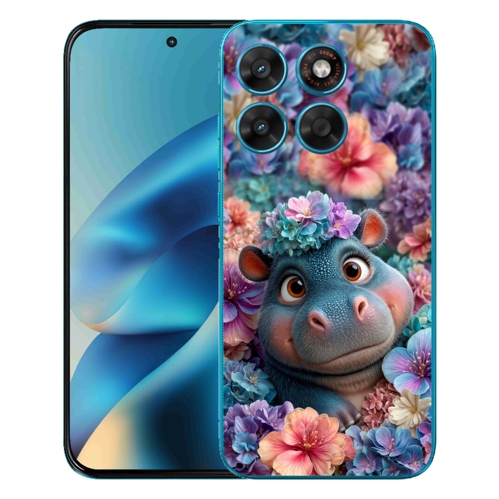 Gelový kryt mmCase na Motorola Moto G87/G77/G67 - hrošík v květinách