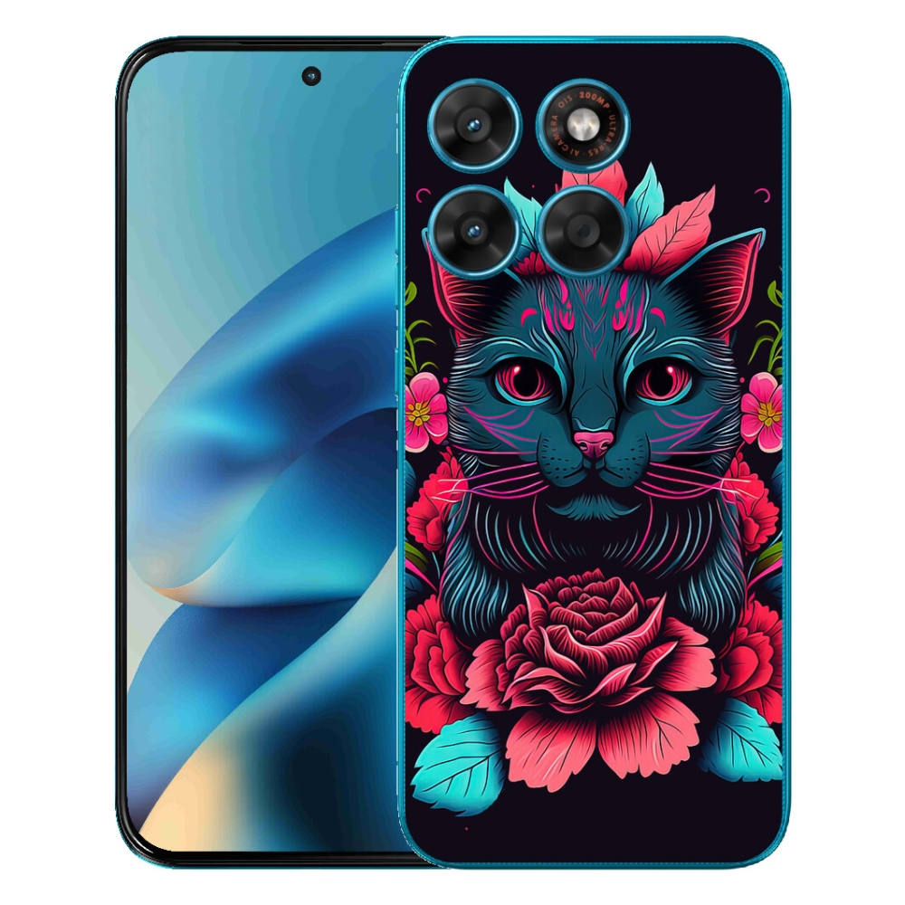 Gelový kryt mmCase na Motorola Moto G87/G77/G67 - květiny a kočka