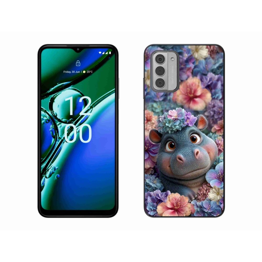 Gelový kryt mmCase na Nokia G42 - hrošík v květinách