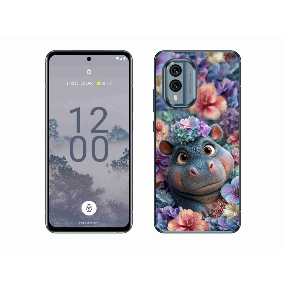 Gelový kryt mmCase na Nokia X30 5G - hrošík v květinách