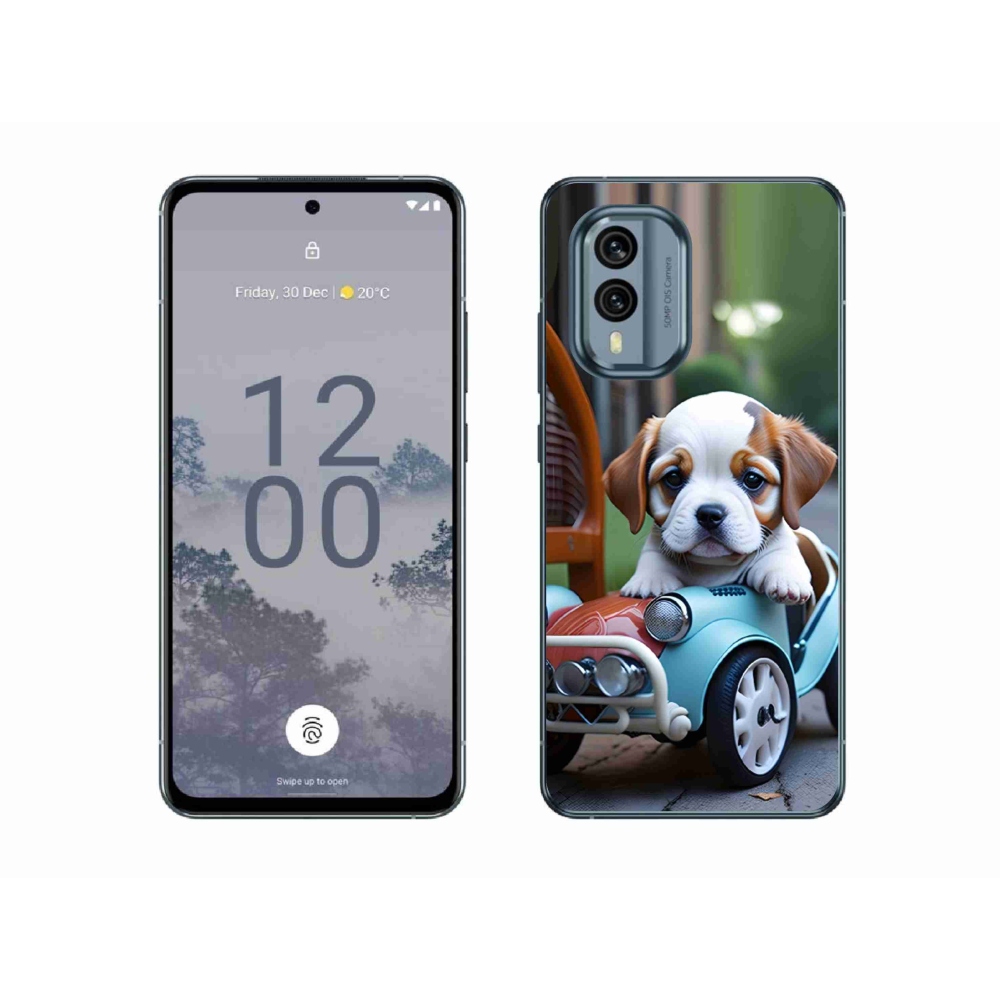 Gelový kryt mmCase na Nokia X30 5G - štěně v retro autě