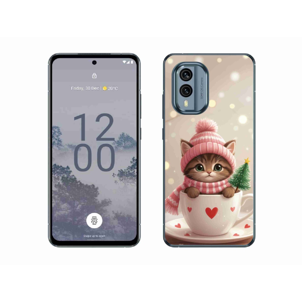 Gelový kryt mmCase na Nokia X30 5G - vánoční kotě v hrnku