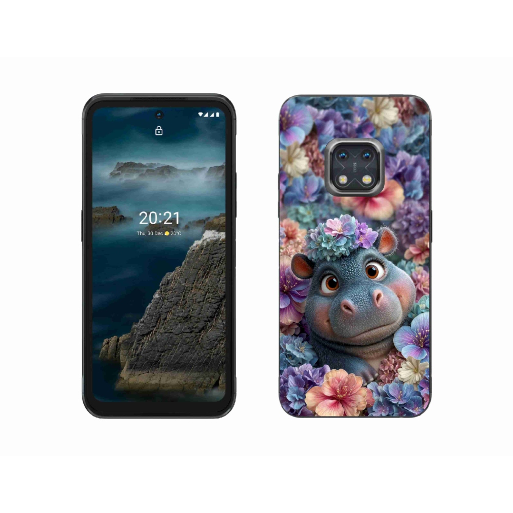 Gelový kryt mmCase na Nokia XR20 - hrošík v květinách