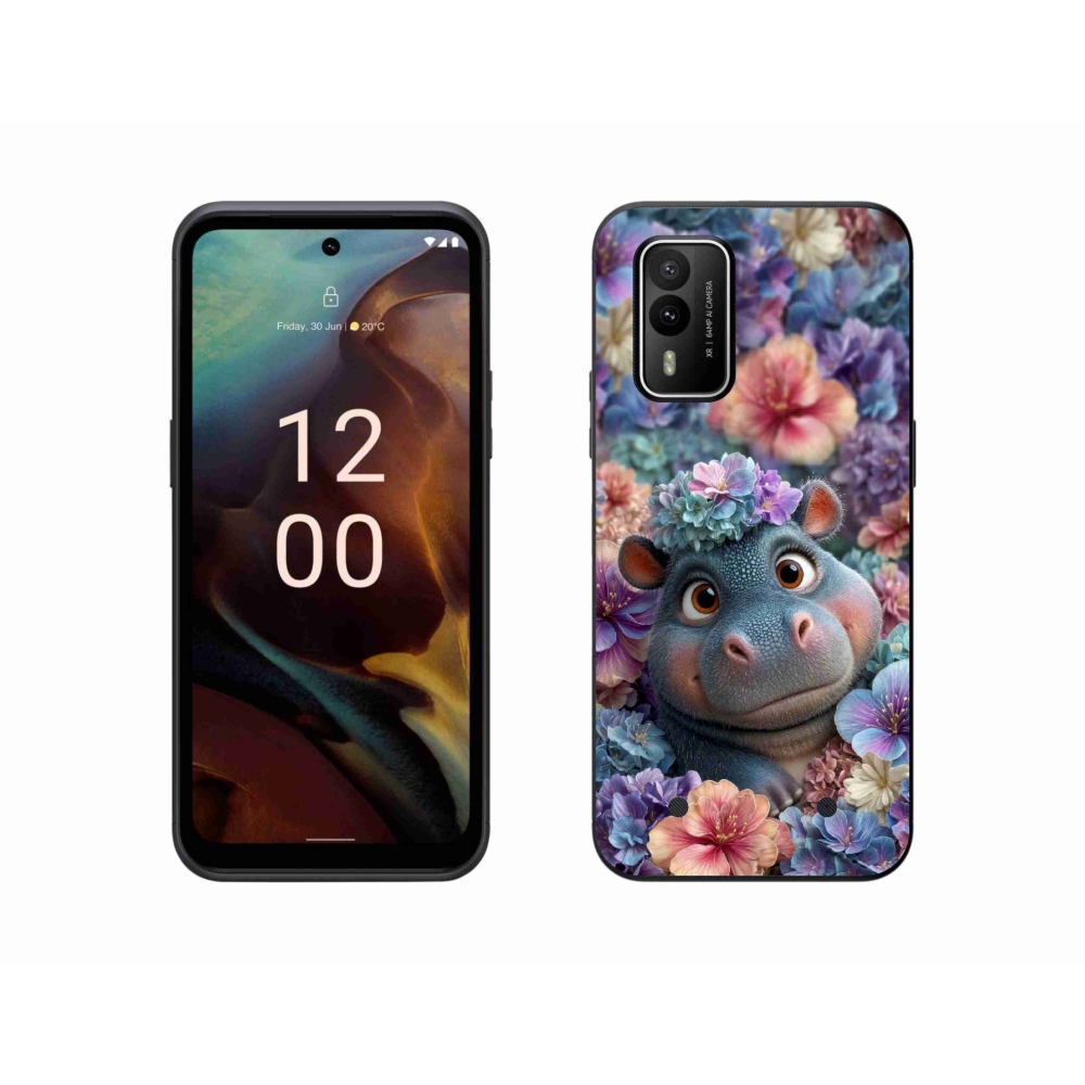 Gelový kryt mmCase na Nokia XR21 - hrošík v květinách