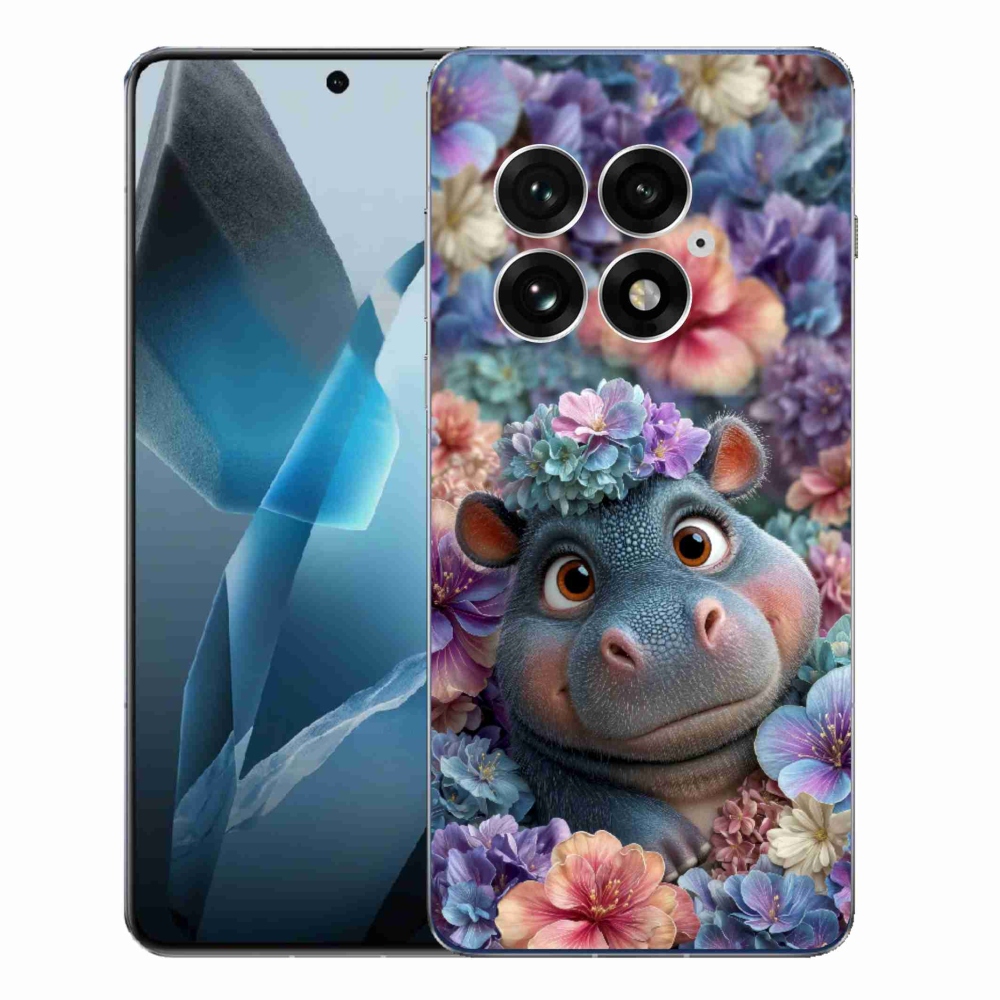 Gelový kryt mmCase na One Plus 13 - hrošík v květinách