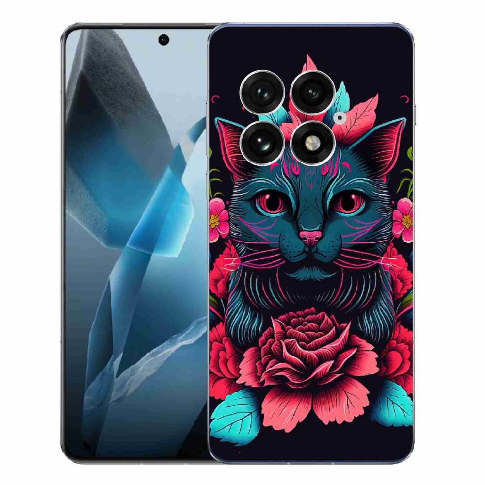 Gelový kryt mmCase na One Plus 13 - květiny a kočka