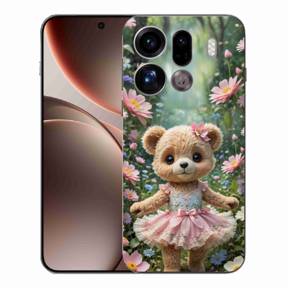 Gelový kryt mmCase na Oppo Find X9 Pro - roztomilý medvídek v květinách