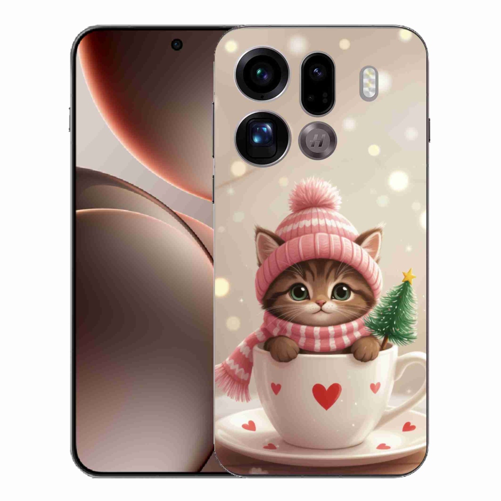 Gelový kryt mmCase na Oppo Find X9 Pro - vánoční kotě v hrnku