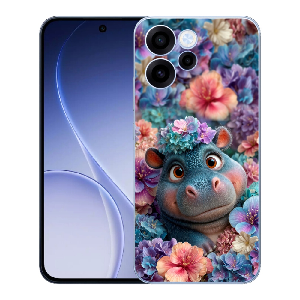 Gelový kryt mmCase na Oppo Reno 15 FS 5G - hrošík v květinách