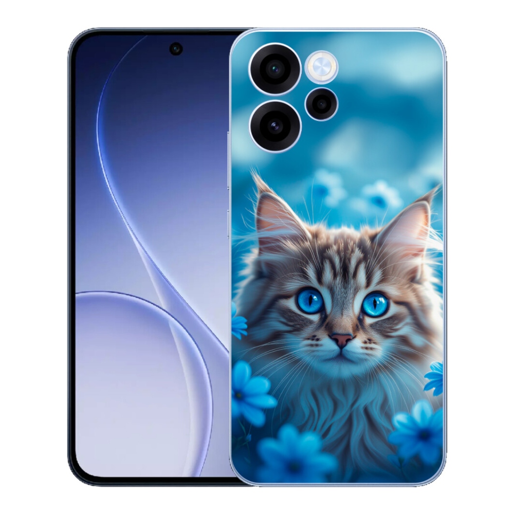 Gelový kryt mmCase na Oppo Reno 15 FS 5G - koťátko v modrých květech