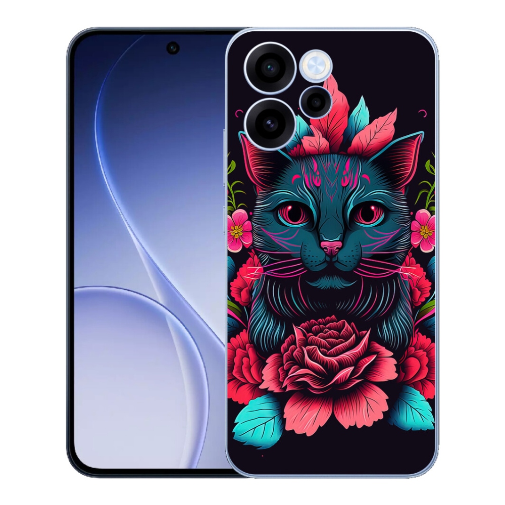 Gelový kryt mmCase na Oppo Reno 15 FS 5G - květiny a kočka