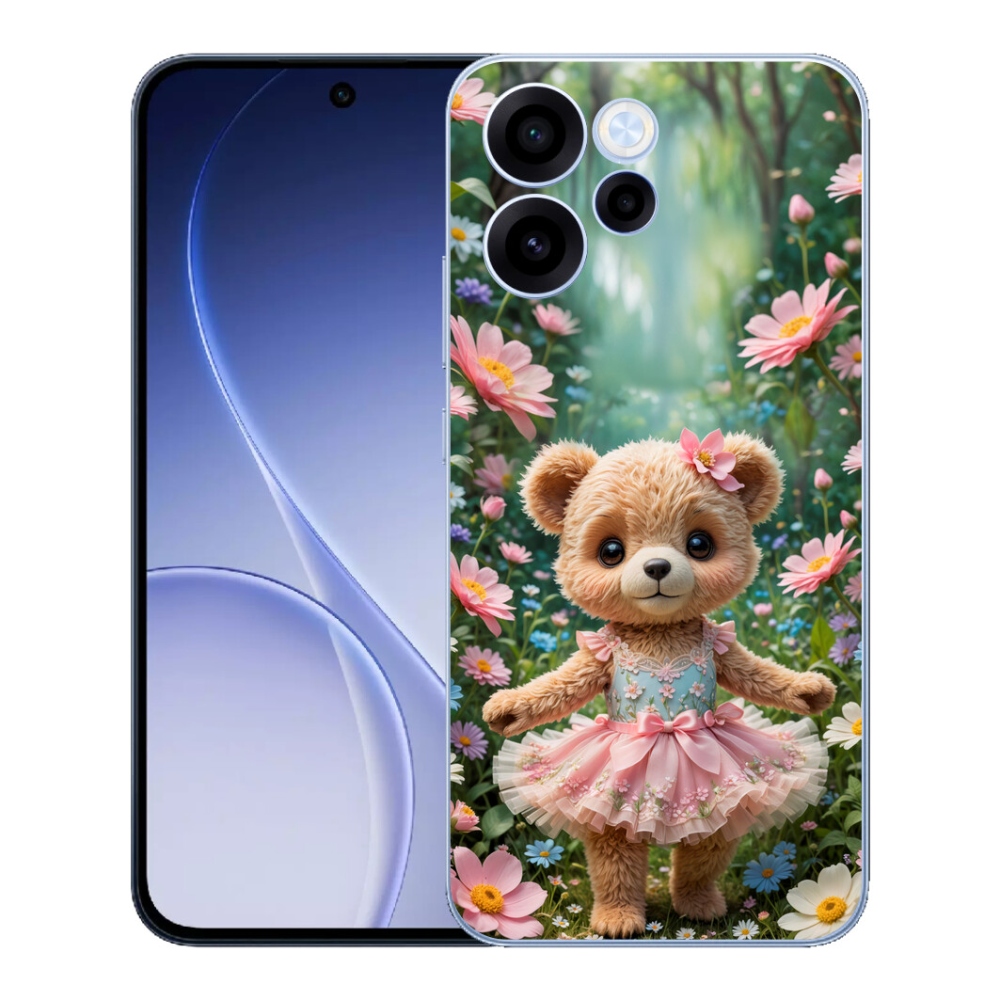 Gelový kryt mmCase na Oppo Reno 15 FS 5G - roztomilý medvídek v květinách