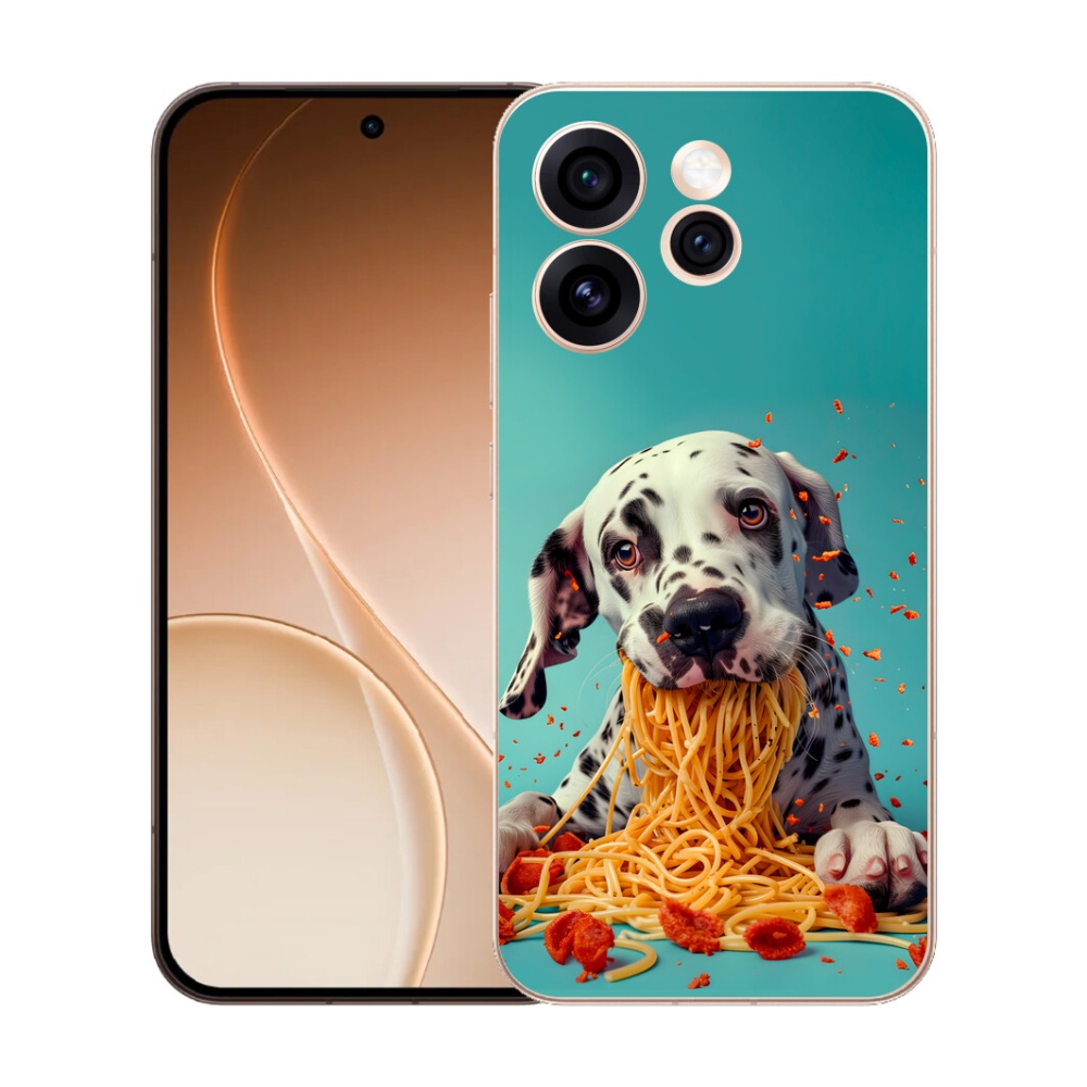 Gelový kryt mmCase na Oppo Reno 15 Pro 5G - dalmatin a špagety