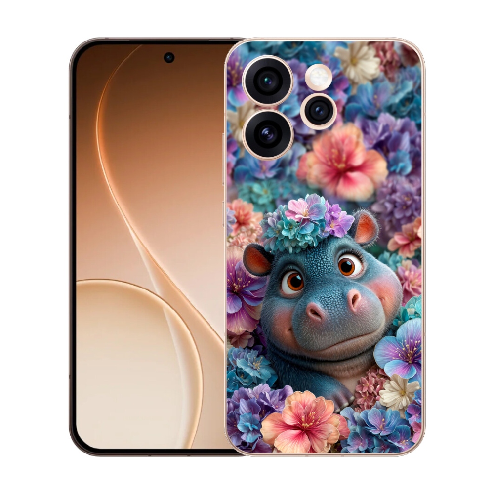 Gelový kryt mmCase na Oppo Reno 15 Pro 5G - hrošík v květinách