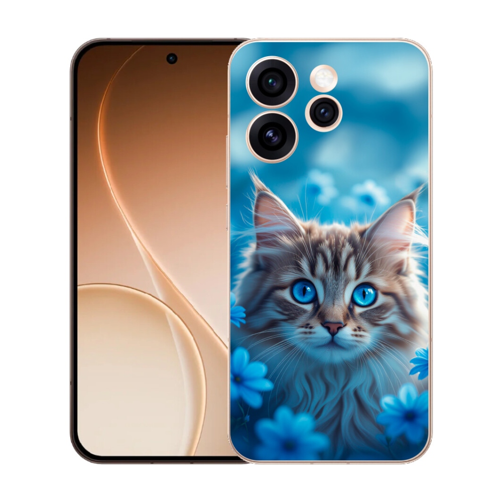 Gelový kryt mmCase na Oppo Reno 15 Pro 5G - koťátko v modrých květech