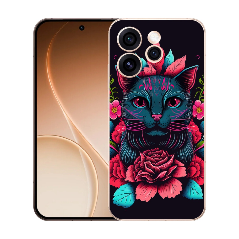 Gelový kryt mmCase na Oppo Reno 15 Pro 5G - květiny a kočka