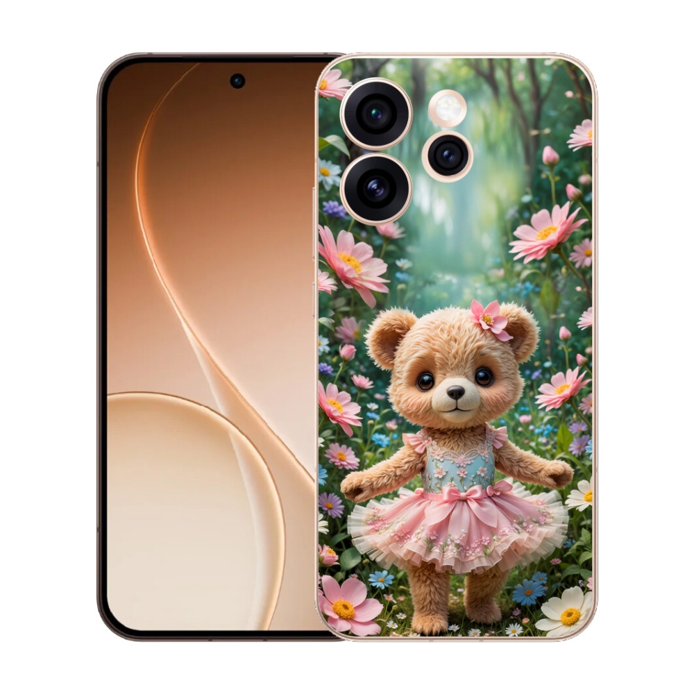 Gelový kryt mmCase na Oppo Reno 15 Pro 5G - roztomilý medvídek v květinách