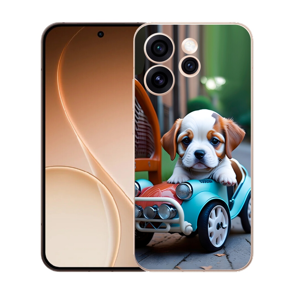 Gelový kryt mmCase na Oppo Reno 15 Pro 5G - štěně v retro autě