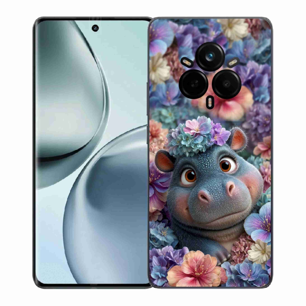 Gelový kryt mmCase na Realme 14 Pro 5G - hrošík v květinách