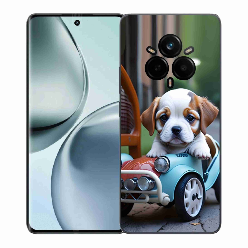 Gelový kryt mmCase na Realme 14 Pro 5G - štěně v retro autě