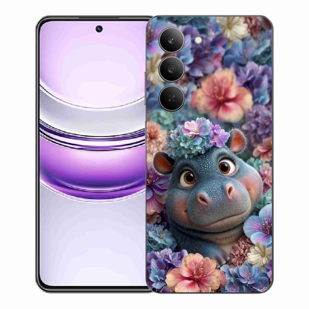 Gelový kryt mmCase na Realme 14x 5G - hrošík v květinách