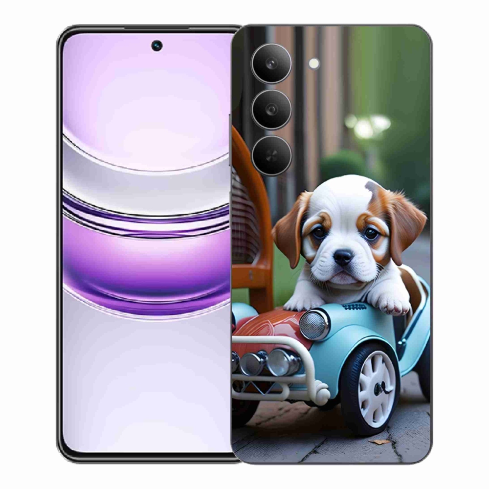 Gelový kryt mmCase na Realme 14x 5G - štěně v retro autě