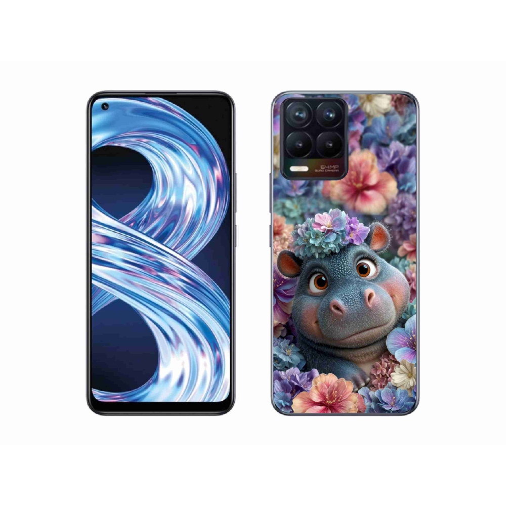 Gelový kryt mmCase na Realme 8 Pro - hrošík v květinách
