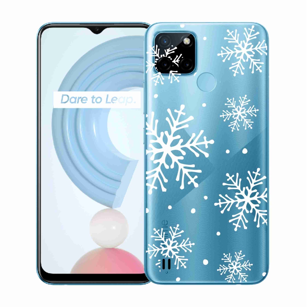 Gelový kryt mmCase na Realme C21Y/C25Y - bílé vločky na průhledném pozadí