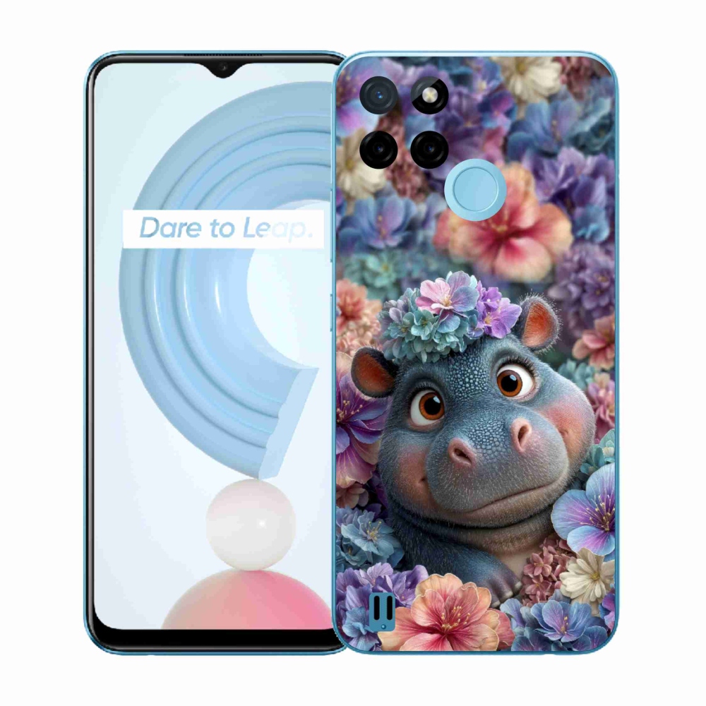 Gelový kryt mmCase na Realme C21Y/C25Y - hrošík v květinách
