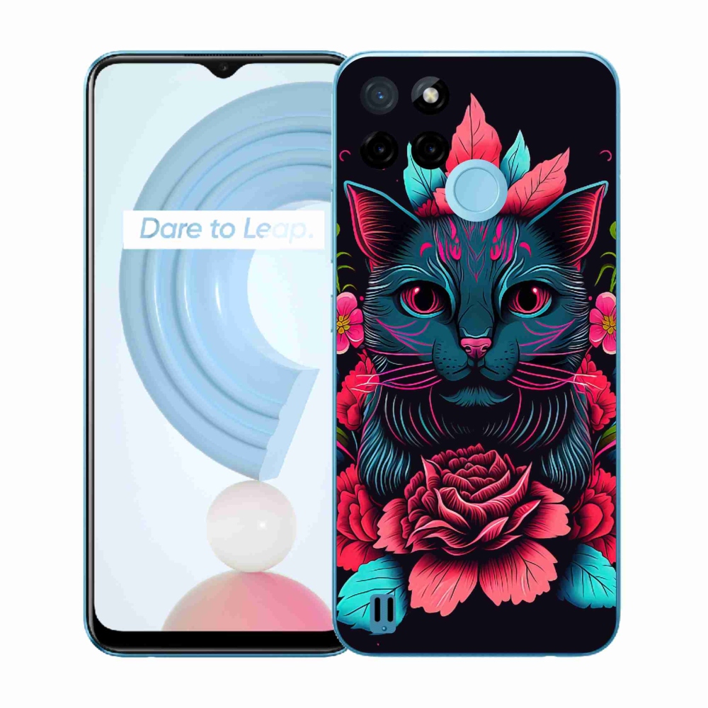 Gelový kryt mmCase na Realme C21Y/C25Y - květiny a kočka