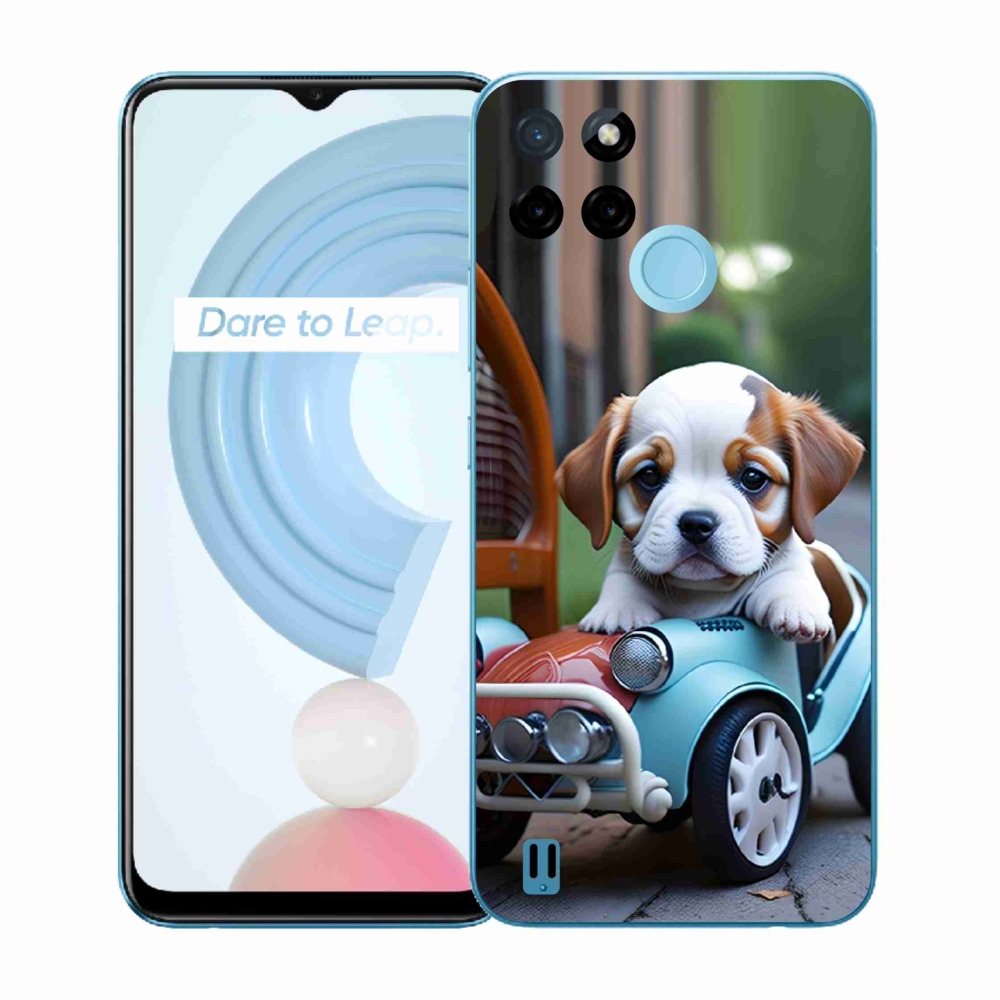 Gelový kryt mmCase na Realme C21Y/C25Y - štěně v retro autě
