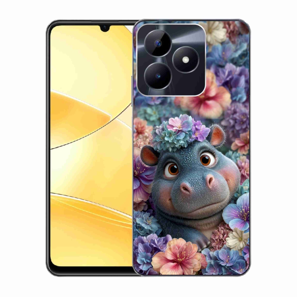 Gelový kryt mmCase na Realme C51/C53 - hrošík v květinách