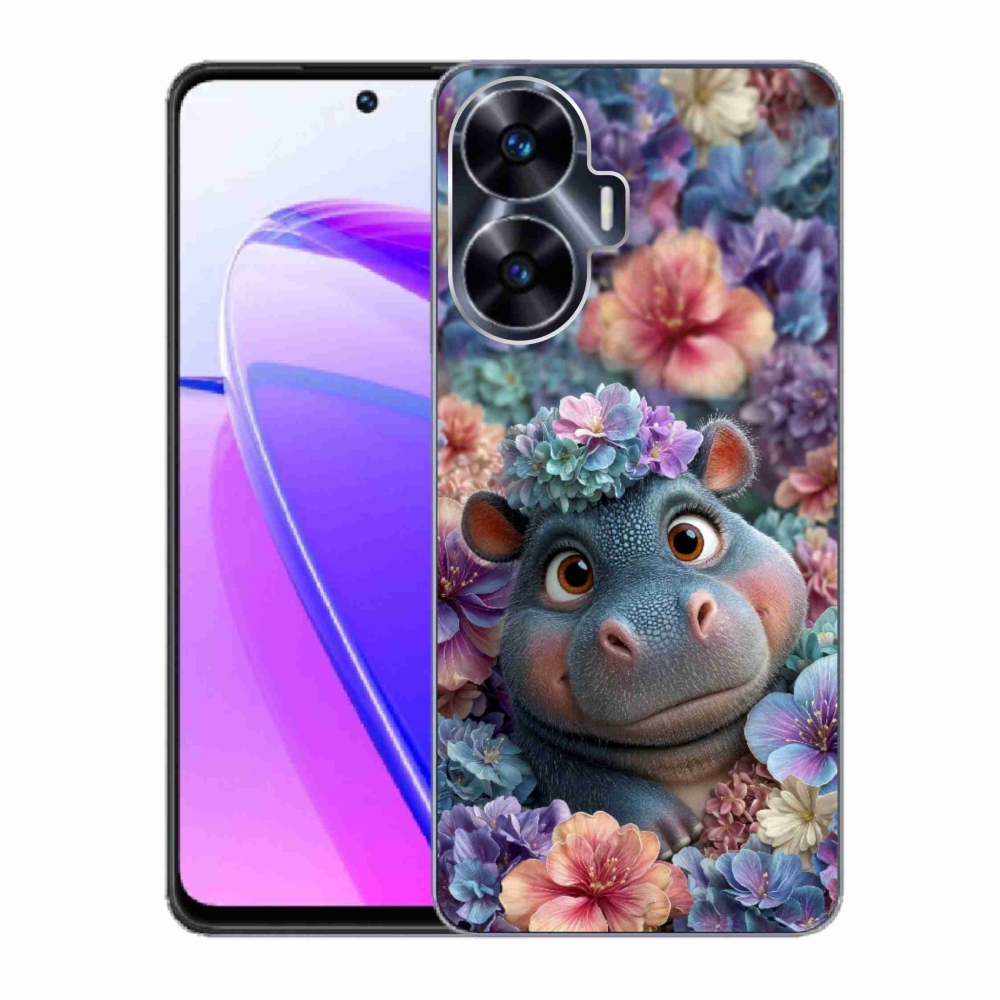 Gelový kryt mmCase na Realme C55 - hrošík v květinách